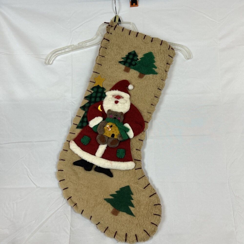 Christmas 23” Stocking Santa Holding A Bear 3D Handmade Holidays Mantel Bee Hive